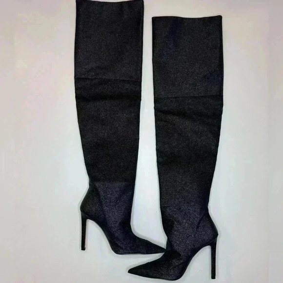 Good American The Weekend Black Glitter Slouchy Thigh High Boots Womens Sz 7 - Picture 1 of 9
